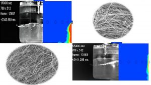 Photographs from video clips at different times showing behavior of the polymer solution in the transparent vessel with matching theoretical simulations and typical products at different rotation speeds and pressures. CREDIT: Hussain Alenezi, Muhammet Emin Cam and Mohan Edirisinghe